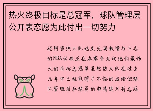 热火终极目标是总冠军，球队管理层公开表态愿为此付出一切努力